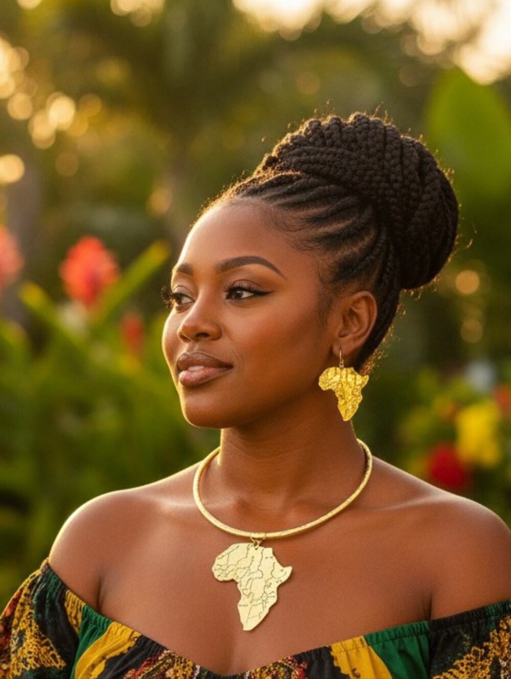 Gold Africa Map Pendant Necklace and Earrings Set - Women Jewelry